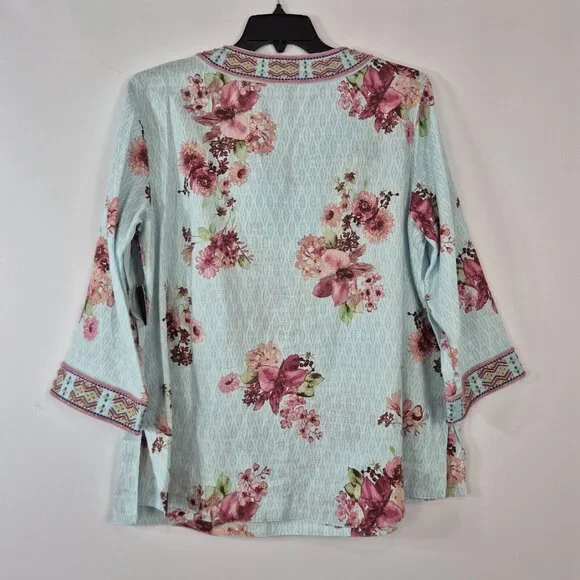 John Mark Women's Size S Floral Print Embroidered and Beaded Tunic Blue Pink (53 - Picture 5 of 14